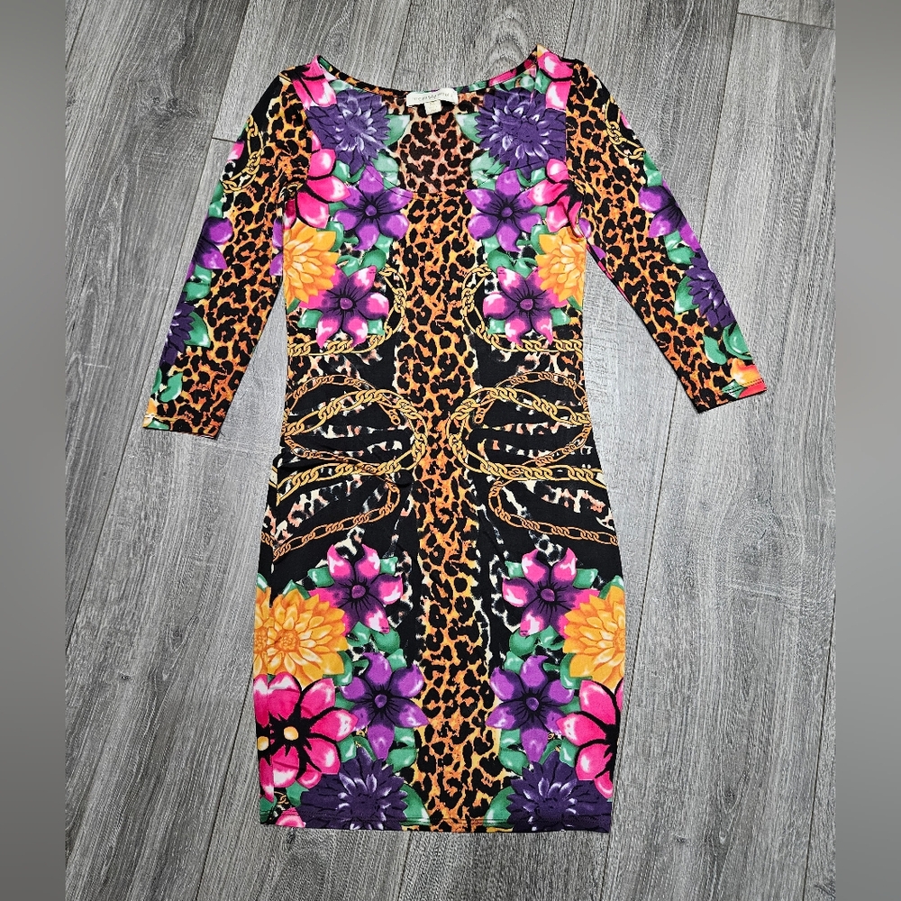 NICKI MINAJ Bodycon multicolor long sleeve leopard chain print dress XS